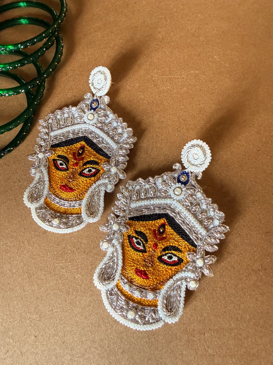 Silver Durga Devi Face Zardosi Earrings with Pearl Beadwork