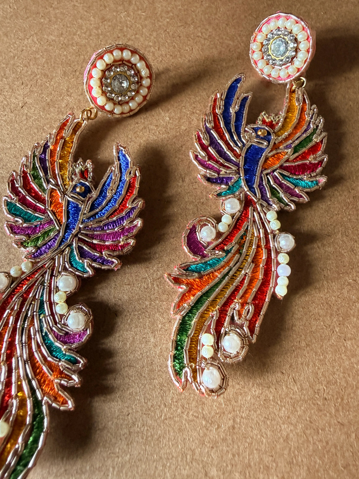 Multicolor Phoenix Zardosi Drop Earrings with Pearl Stud