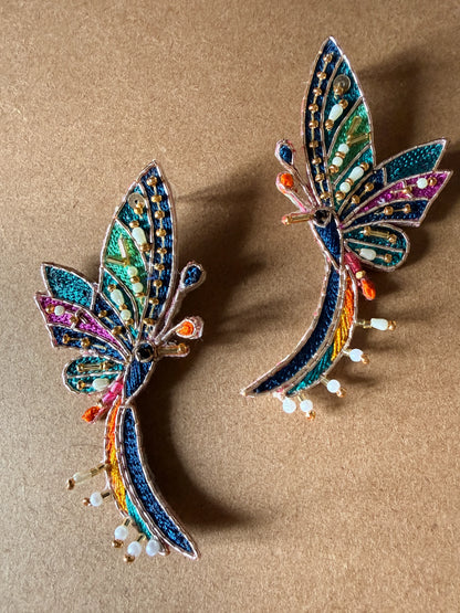 Blue Butterfly Zardosi Dangler Earrings with Pearl Drops