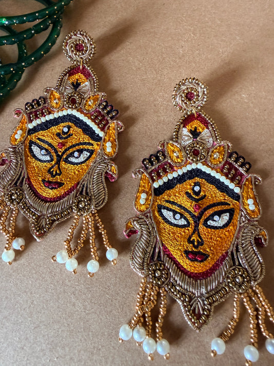 Golden Durga Devi Face Zardosi Earrings with Pearl Tassels