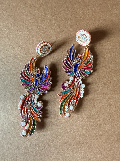 Multicolor Phoenix Zardosi Drop Earrings with Pearl Stud