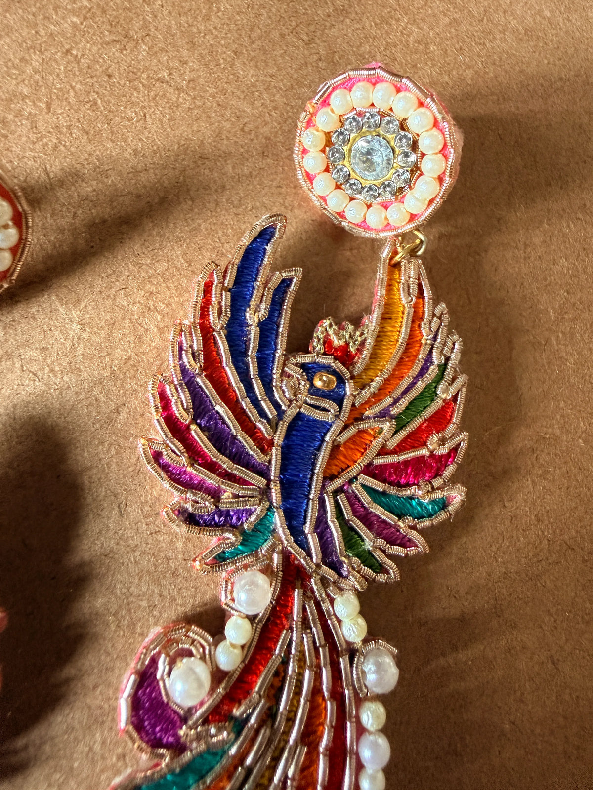 Multicolor Phoenix Zardosi Drop Earrings with Pearl Stud