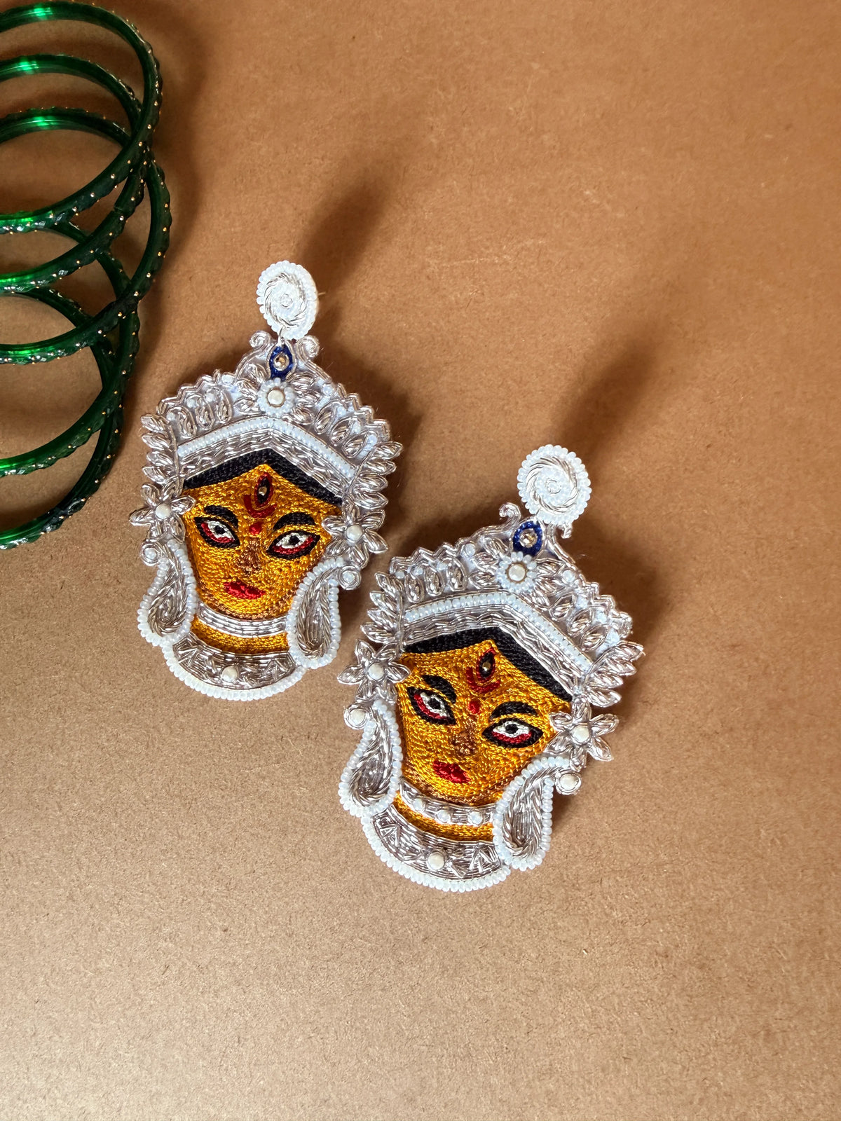 Silver Durga Devi Face Zardosi Earrings with Pearl Beadwork