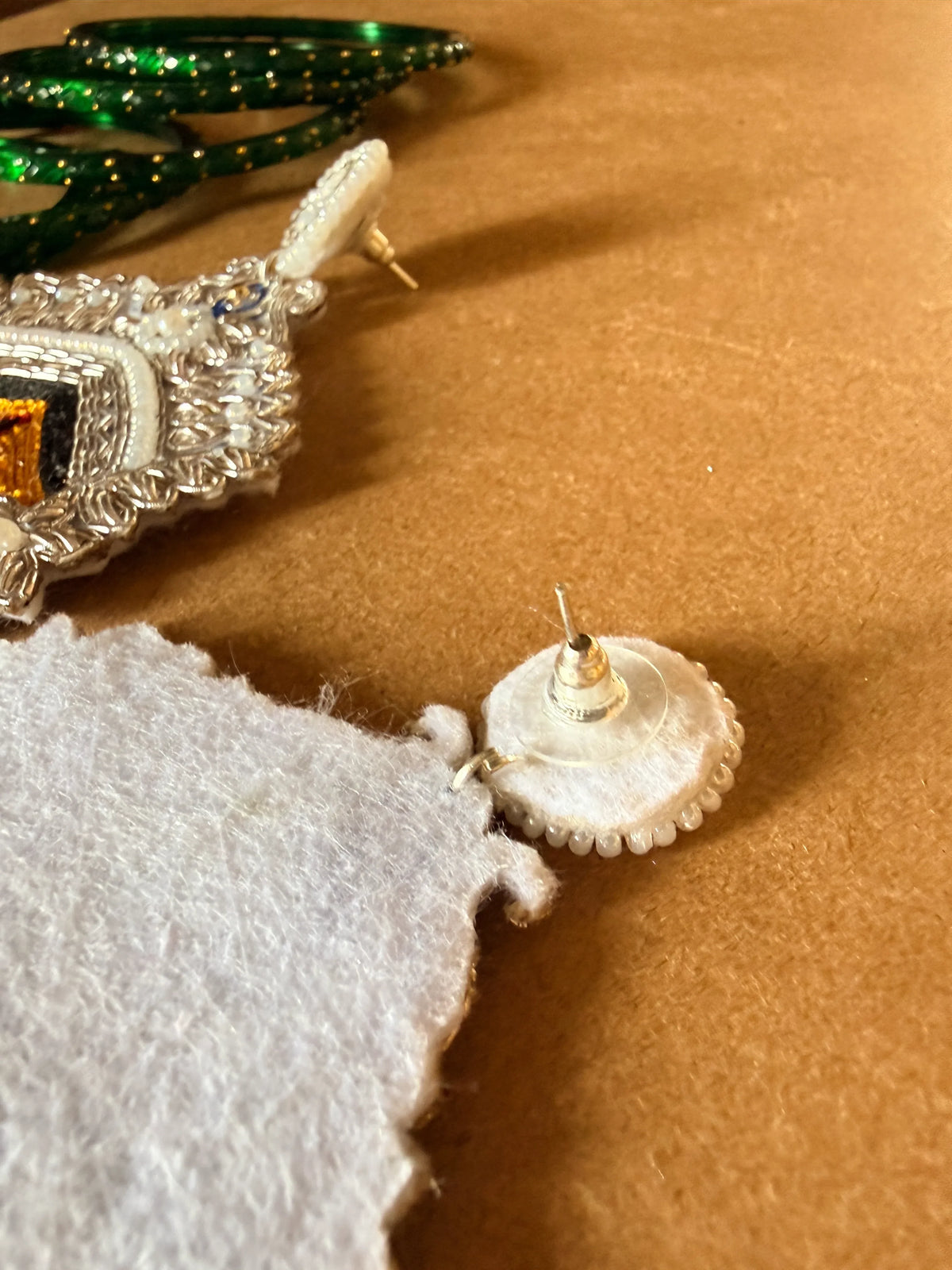 Silver Durga Devi Face Zardosi Earrings with Pearl Beadwork
