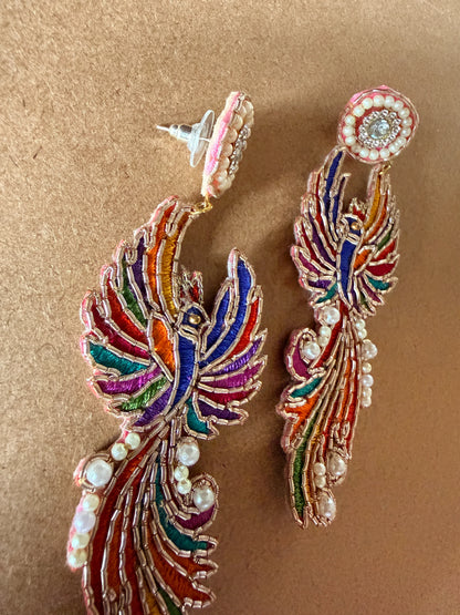 Multicolor Phoenix Zardosi Drop Earrings with Pearl Stud