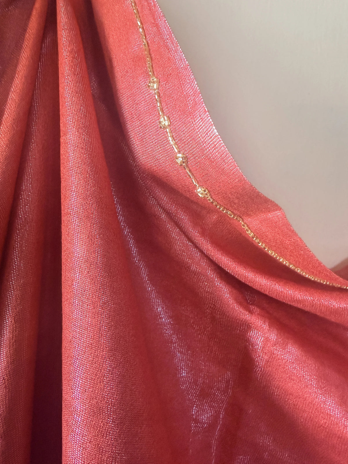 Coral red moon and sun zardozi dupatta with hand beaded border – detail view