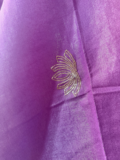 Lavender lotus zardozi dupatta with gold zari work and scalloped border – drape view