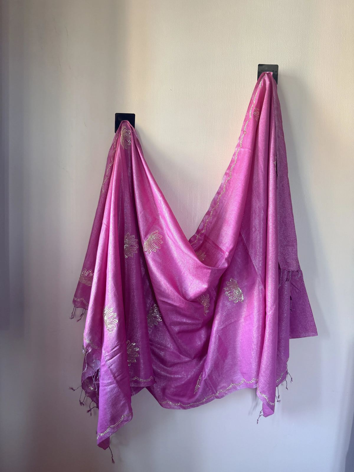 Pink Lotus Zardozi Dupatta - Gold Zari Work with Scalloped Border