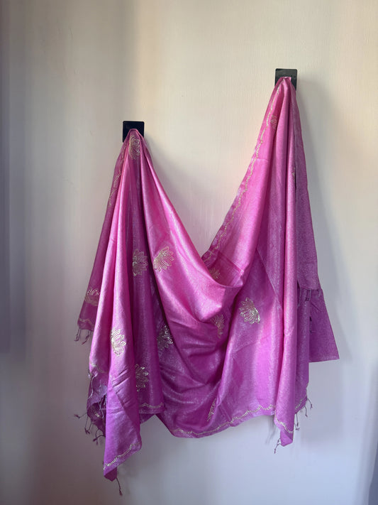 Pink Lotus Zardozi Dupatta - Gold Zari Work with Scalloped Border