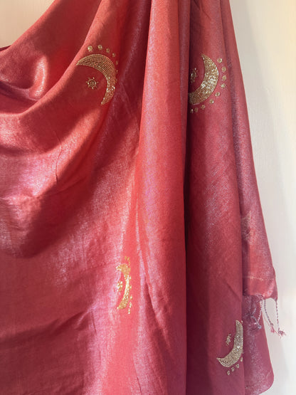 Coral red moon and sun zardozi dupatta with hand beaded border – drape view