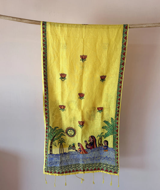 Yellow Chhath Puja Madhubani Dupatta - Hand Painted Arghya Scene