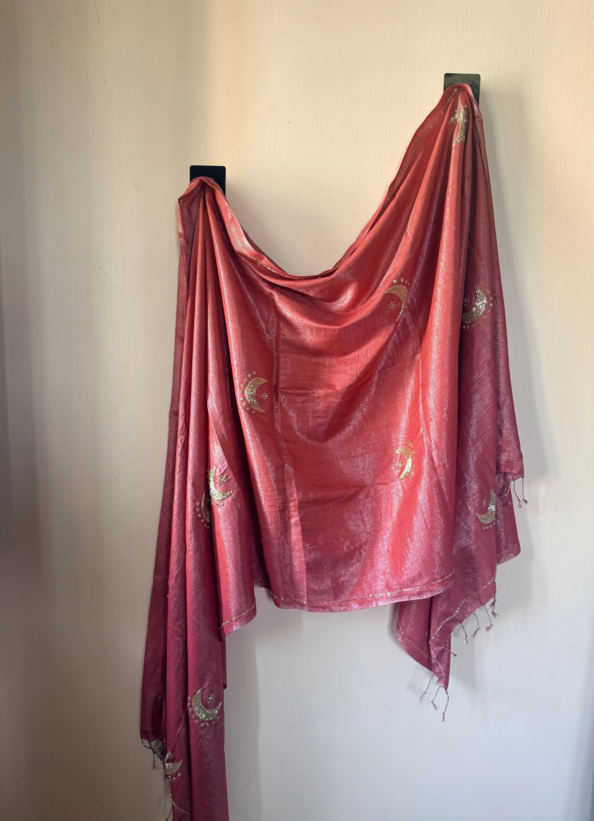 Coral red moon and sun zardozi dupatta with hand beaded border – Nayab Stores