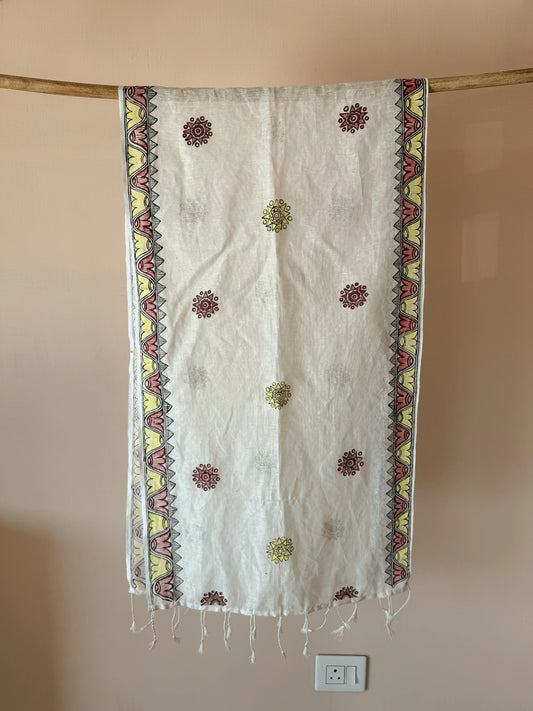 White Madhubani Dupatta - Hand Painted Sun Motifs with Lotus Border