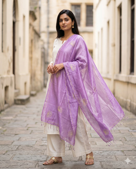 Lavender Lotus Zardozi Dupatta - Gold Zari Work with Scalloped Border