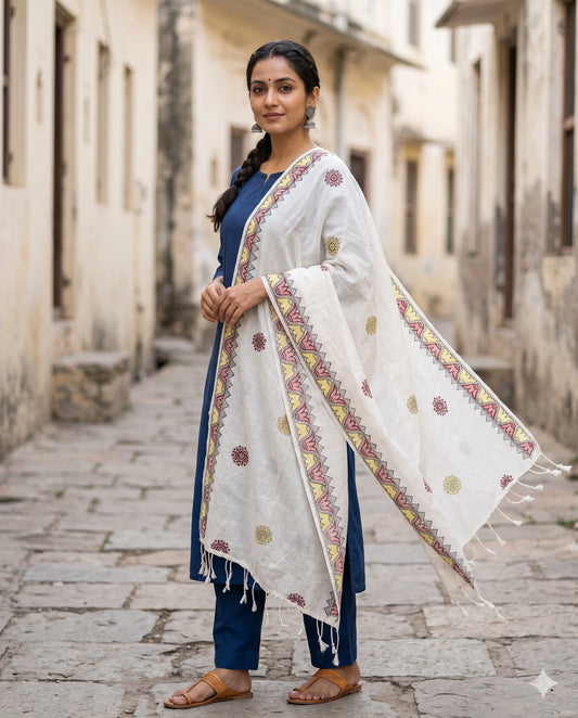 White Madhubani Dupatta - Hand Painted Sun Motifs with Lotus Border