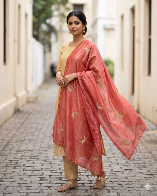 Coral Red Moon & Sun Zardozi Dupatta - Hand Beaded Festive Dupatta