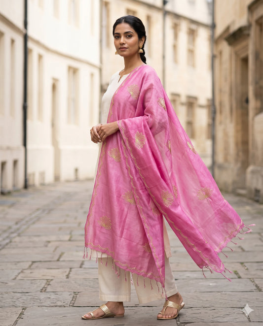 Pink Lotus Zardozi Dupatta - Gold Zari Work with Scalloped Border