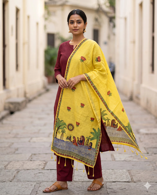 Yellow Chhath Puja Madhubani Dupatta - Hand Painted Arghya Scene