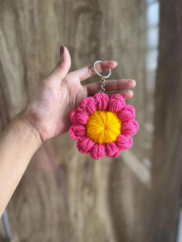 Pink Sunflower Crochet Keychain
