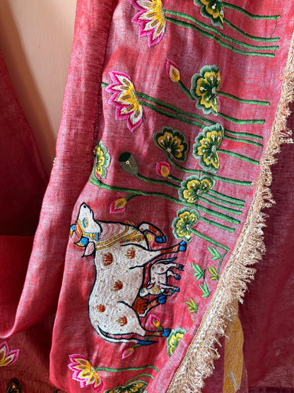 Krishna Yashoda Zardozi Tissue Linen Saree – Vatsalya
