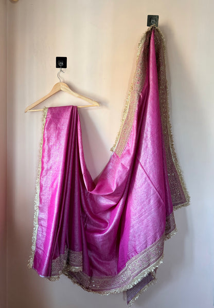 Heavy Zardozi Border Pure Tissue Linen Saree – Zarbaft