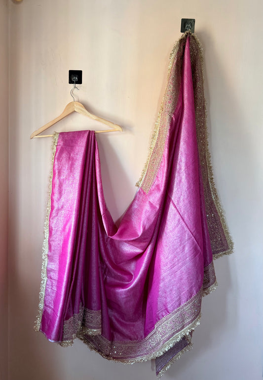 Heavy Zardozi Border Pure Tissue Linen Saree – Zarbaft (Magenta)