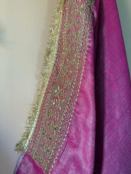 Heavy Zardozi Border Pure Tissue Linen Saree – Zarbaft