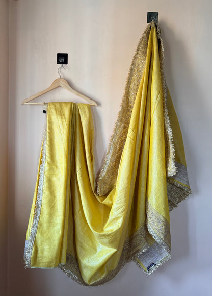 Heavy Zardozi Border Pure Tissue Linen Saree – Zarbaft