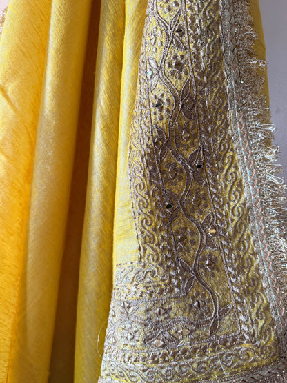 Heavy Zardozi Border Pure Tissue Linen Saree – Zarbaft