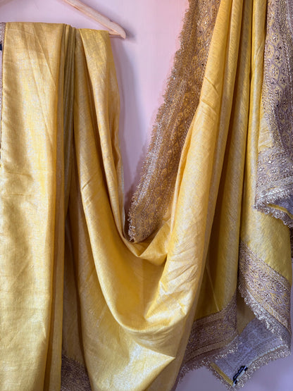 Heavy Zardozi Border Pure Tissue Linen Saree – Zarbaft