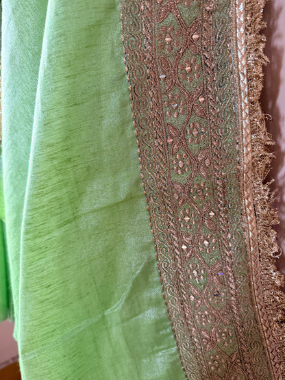Heavy Zardozi Border Pure Tissue Linen Saree – Zarbaft