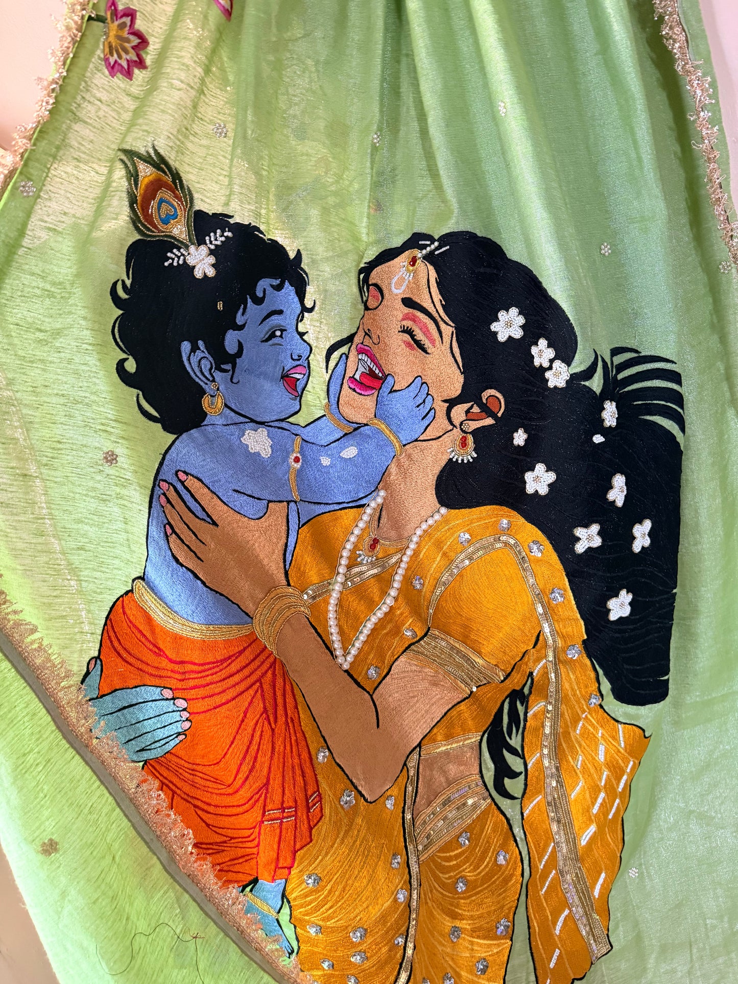 Krishna Yashoda Zardozi Tissue Linen Saree – Vatsalya