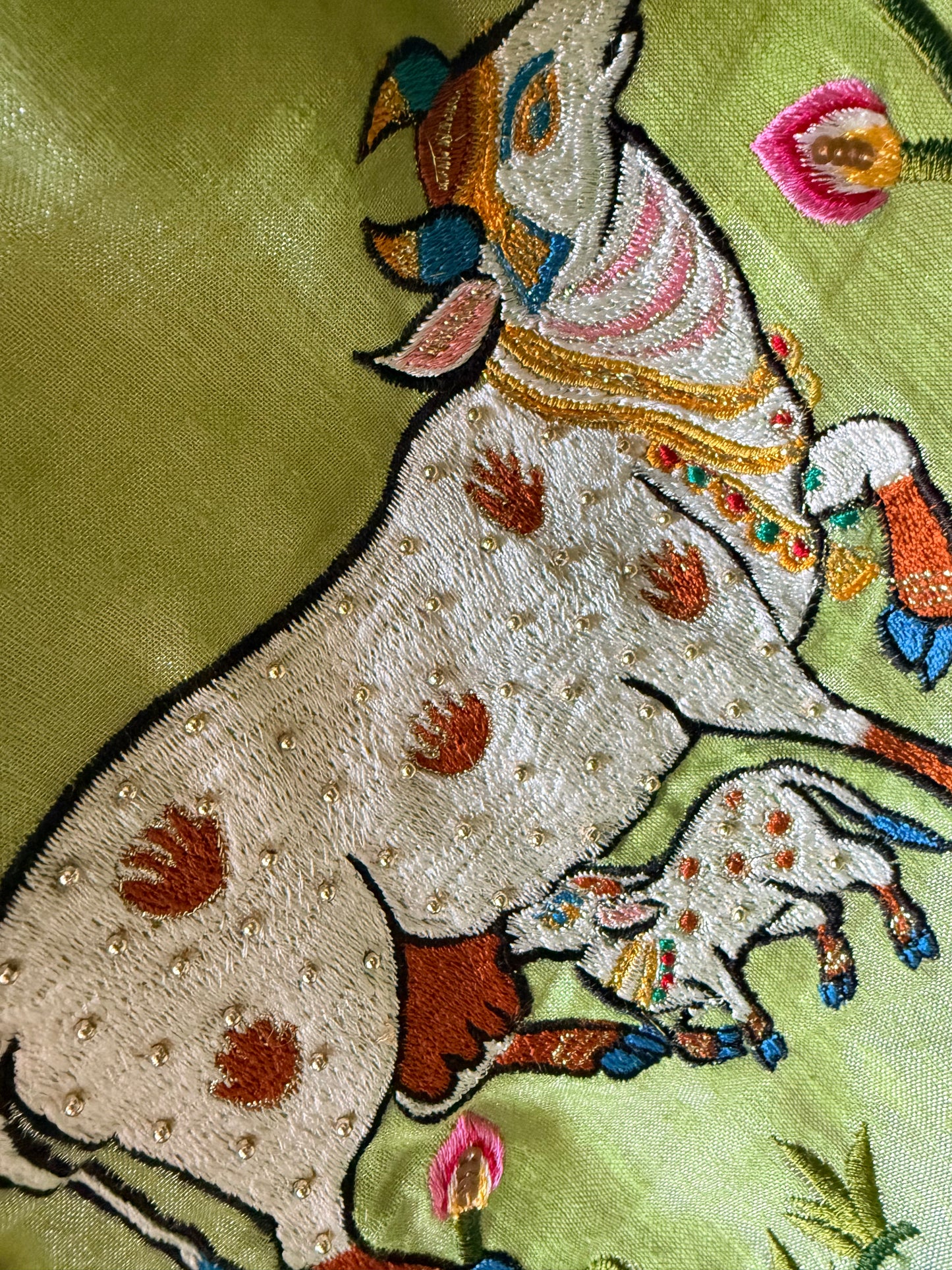 Krishna Yashoda Zardozi Tissue Linen Saree – Vatsalya (Forest Green)