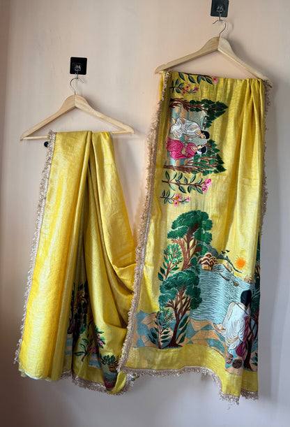 Varanasi Ghat Hand-Embroidered Tissue Linen Wedding Saree – Kashi Kahani