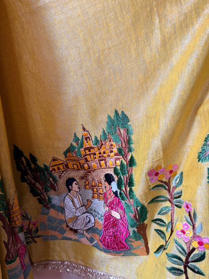 Varanasi Ghat Hand-Embroidered Tissue Linen Wedding Saree – Kashi Kahani
