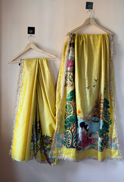 Varanasi Ghat Hand-Embroidered Tissue Linen Wedding Saree – Kashi Kahani