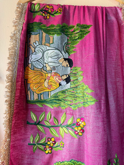 Varanasi Ghat Hand-Embroidered Tissue Linen Wedding Saree – Kashi Kahani