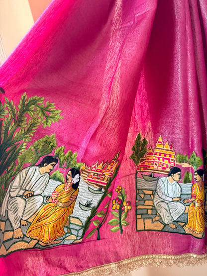 Varanasi Ghat Hand-Embroidered Tissue Linen Wedding Saree – Kashi Kahani