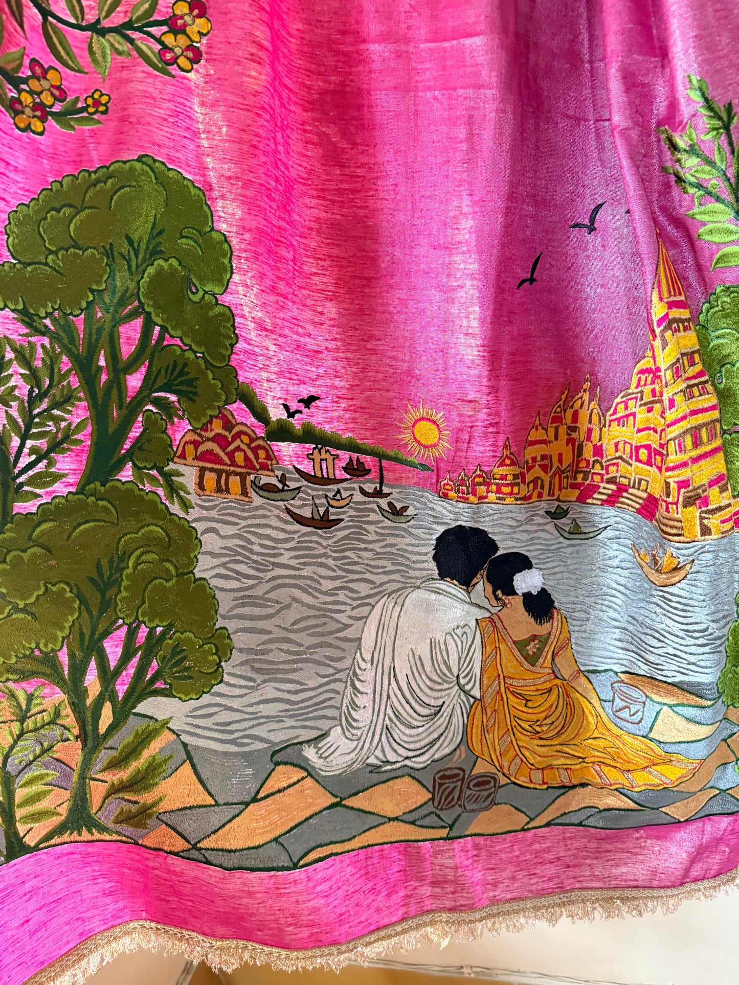 Varanasi Ghat Hand-Embroidered Tissue Linen Wedding Saree – Kashi Kahani