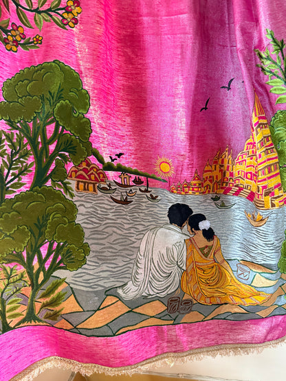 Varanasi Ghat Hand-Embroidered Tissue Linen Wedding Saree – Kashi Kahani