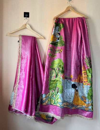 Varanasi Ghat Hand-Embroidered Tissue Linen Wedding Saree – Kashi Kahani