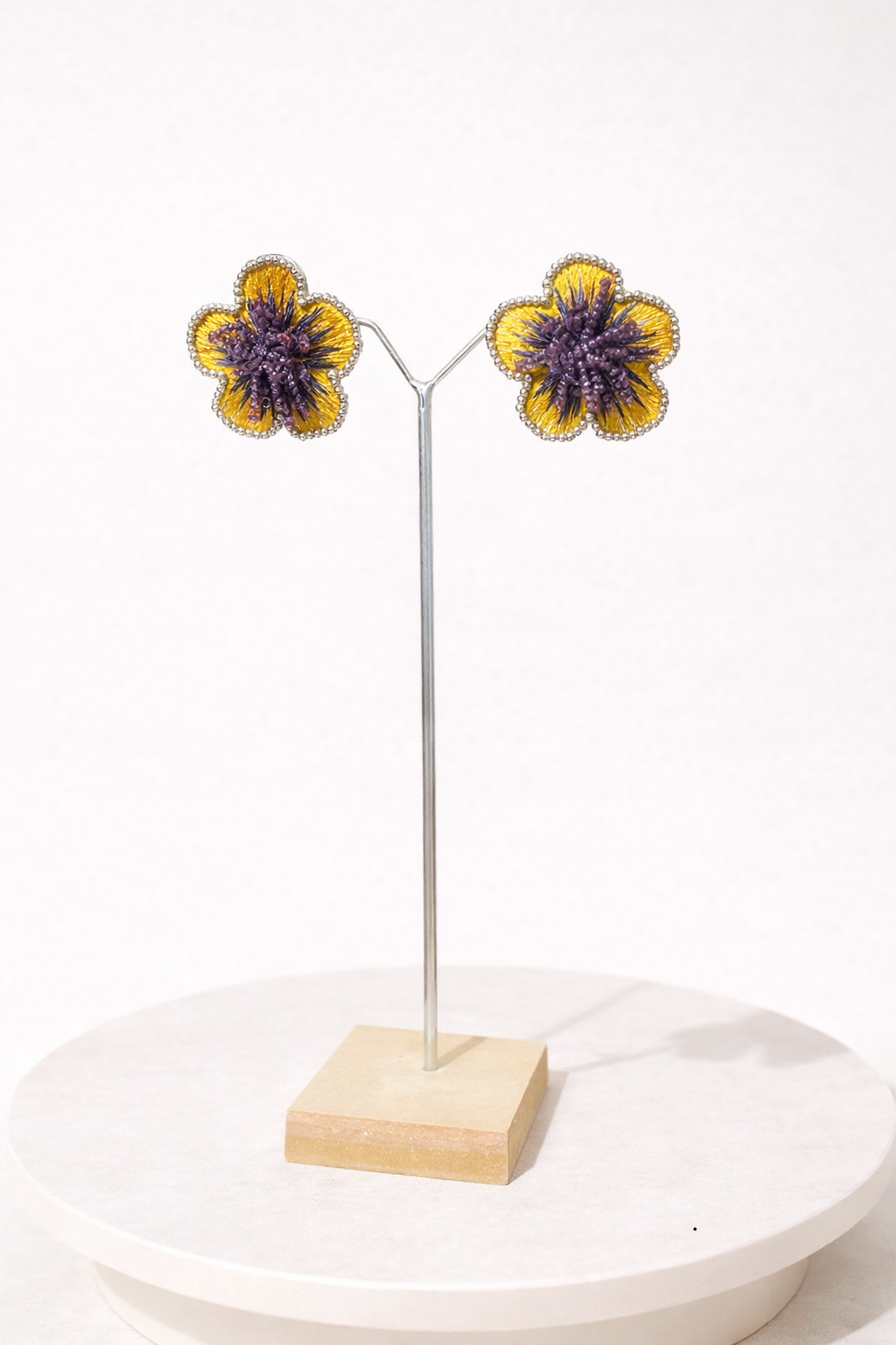 Purple Petals Stud Earrings | Yellow Beaded Flower Earrings