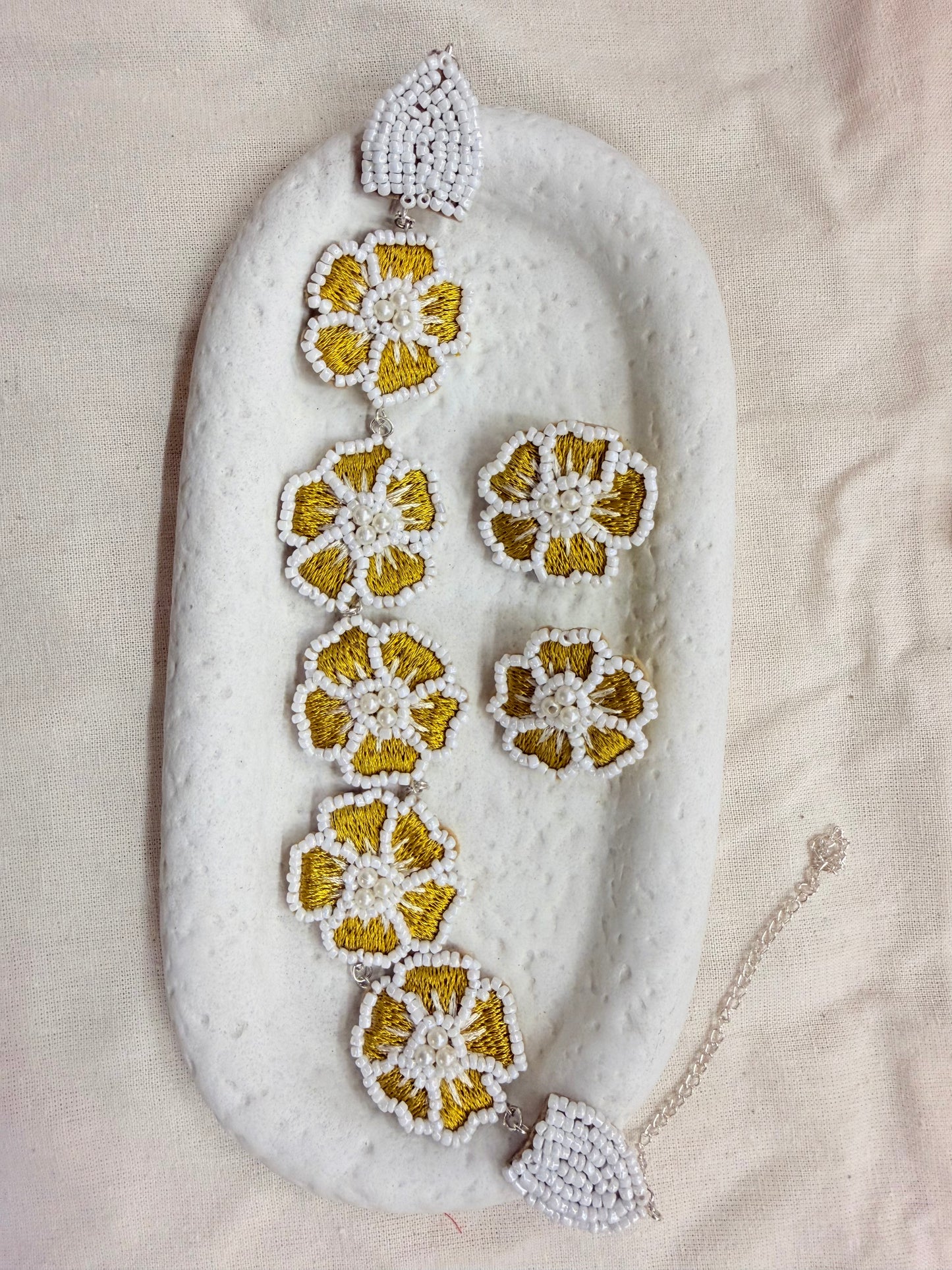 Necklace Set Handmade Yellow Resham Thread And Pearl