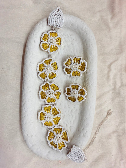 Necklace Set Handmade Yellow Resham Thread And Pearl