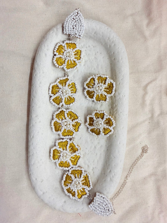 Necklace Set Handmade Yellow Resham Thread And Pearl