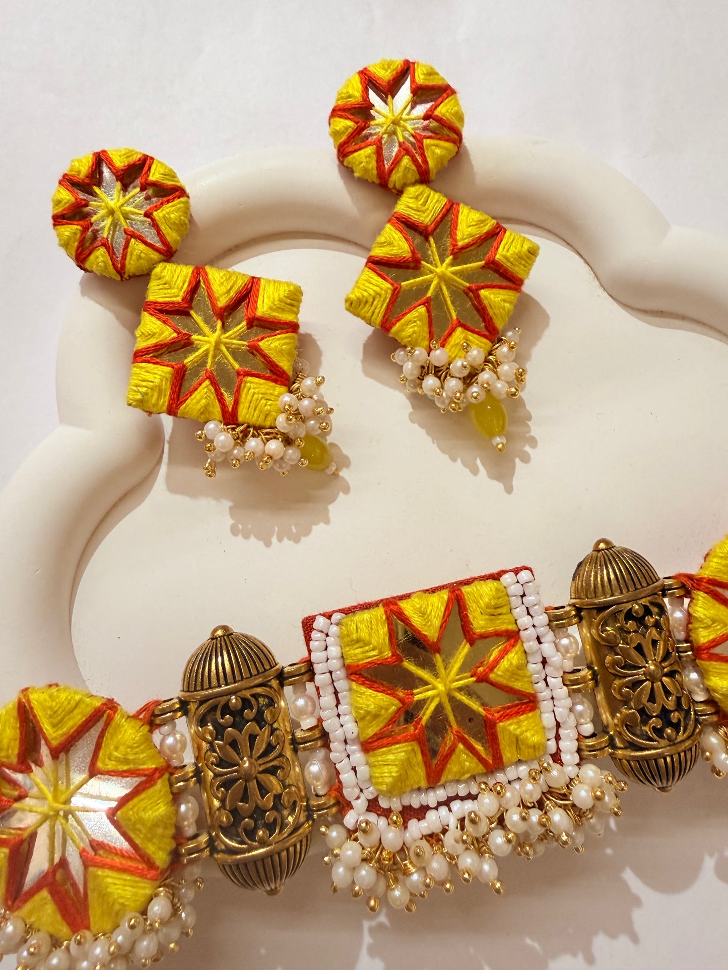 Necklace Set Handmade Mirror Thread work and Pearls