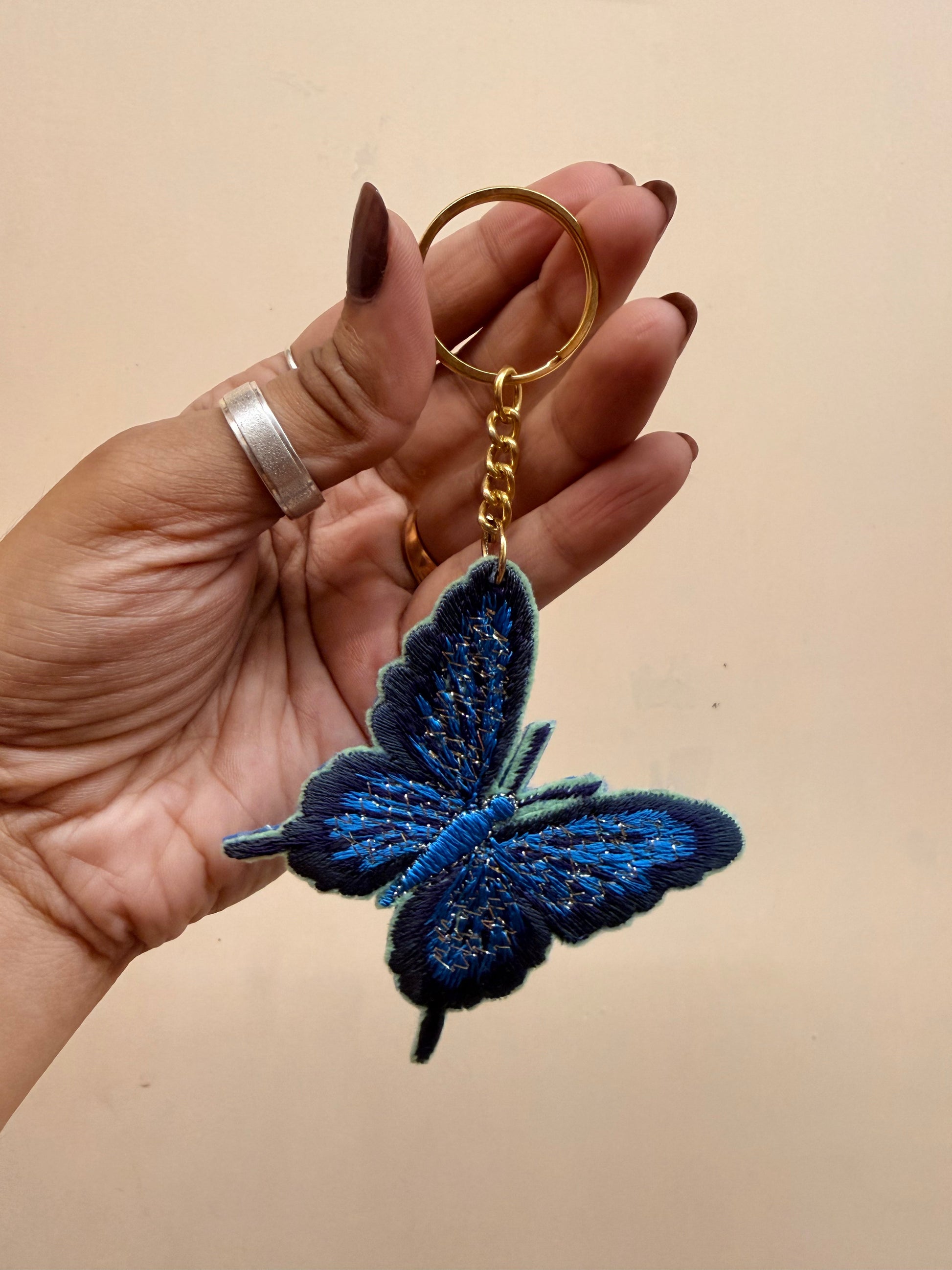 Blue Butterfly Embroidered Key Ring
