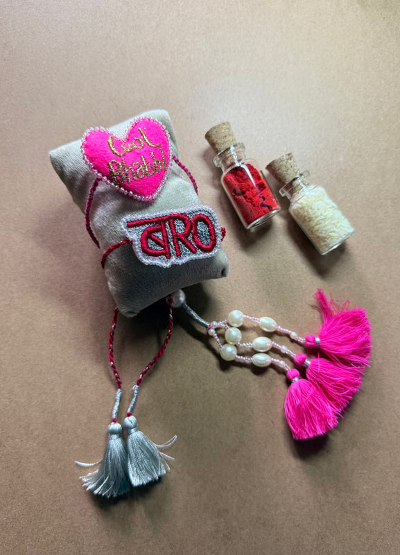 Bro Embroidered Rakhi - Grey & Pink image 1