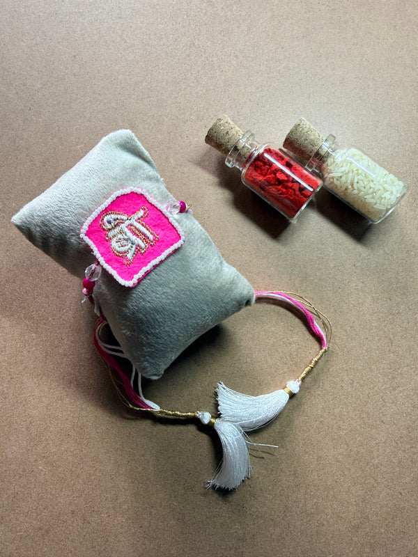 Bhai Pink Tag Rakhi - White Tassel image 1
