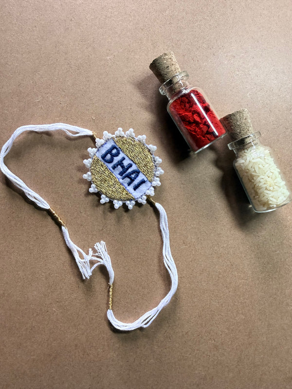 Bhai White Beaded Rakhi image 2